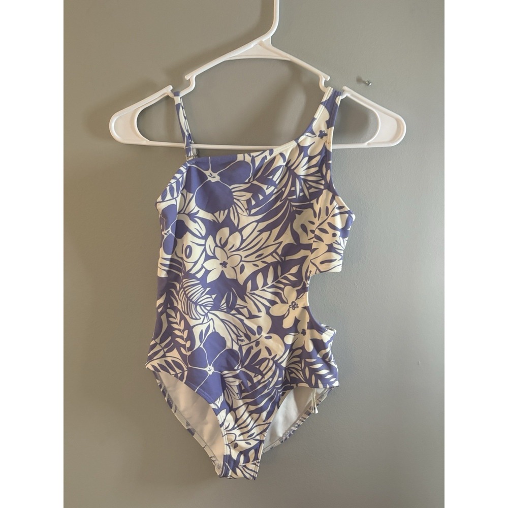 Abercrombie Kids Blue floral asymmetrical cutout one-piece swimsuit; 11/12
